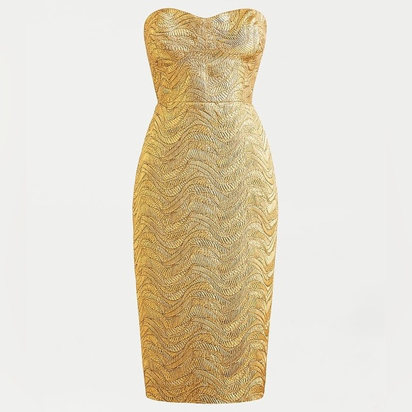 J. Crew Collection Gold Metallic Bodice Jacquard Leaf Cocktail MIDI Dress 10 NWT - Picture 2 of 14